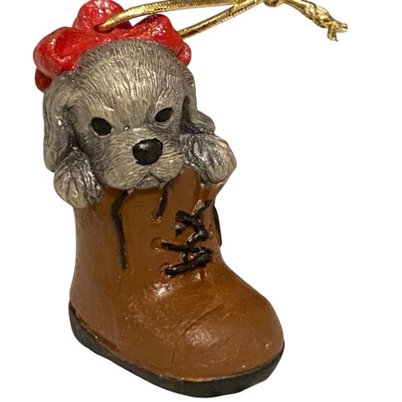 Vintage Puppy Dog with red bow in a shoe Christmas Ornament - Picture 1 of 11